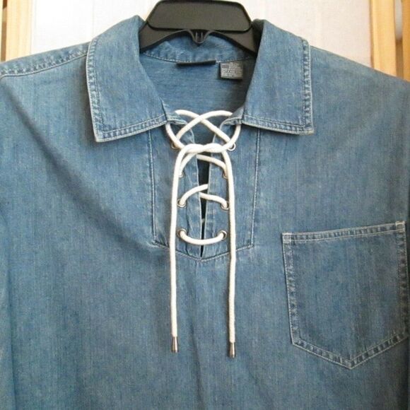 Lizwear Liz Claiborne Blue Tie Neck Denim Blouse Top - Picture 6 of 7
